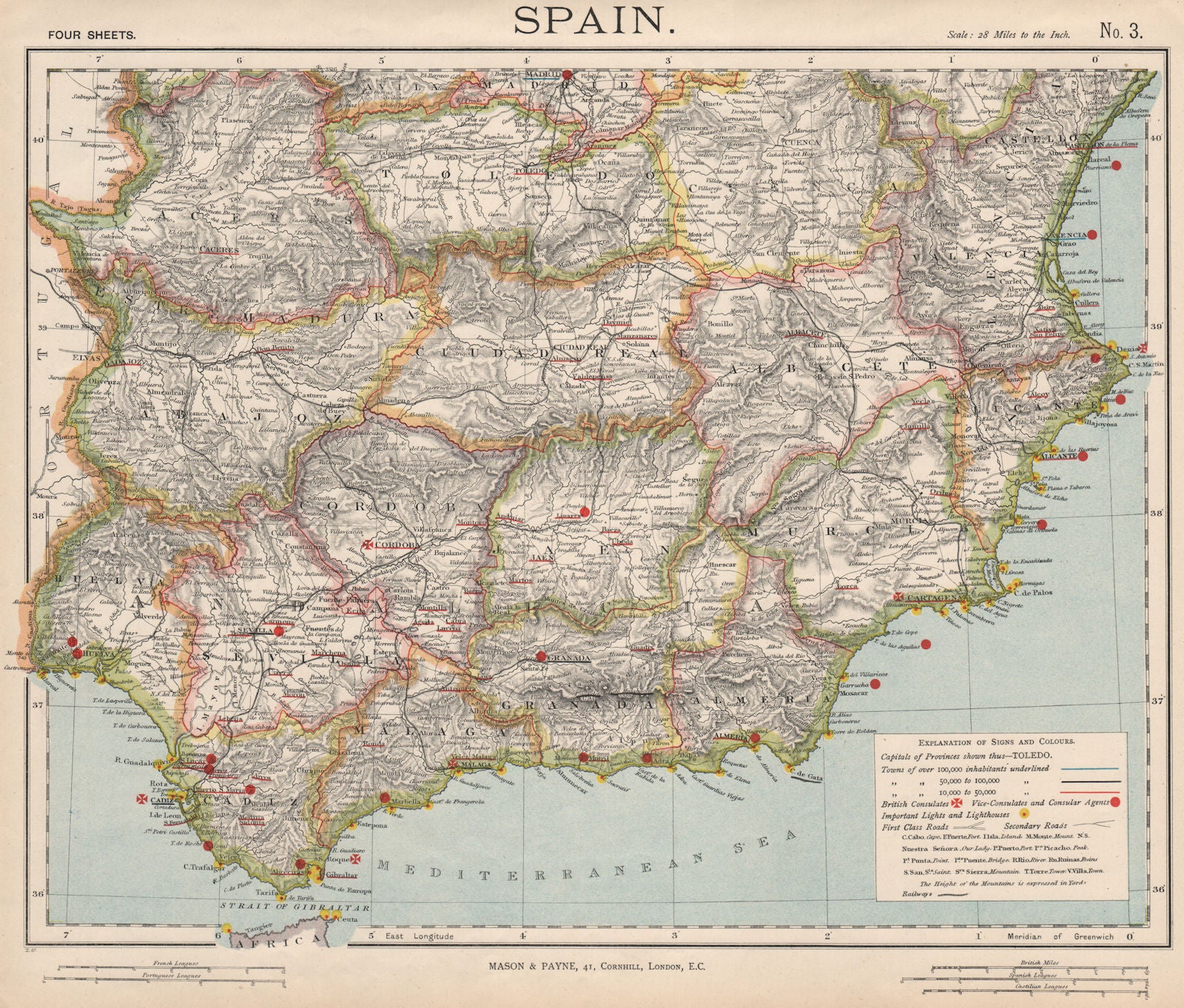 SOUTHERN SPAIN SOUTH Railways Lighthouses British Consulates. LETTS 1889 map